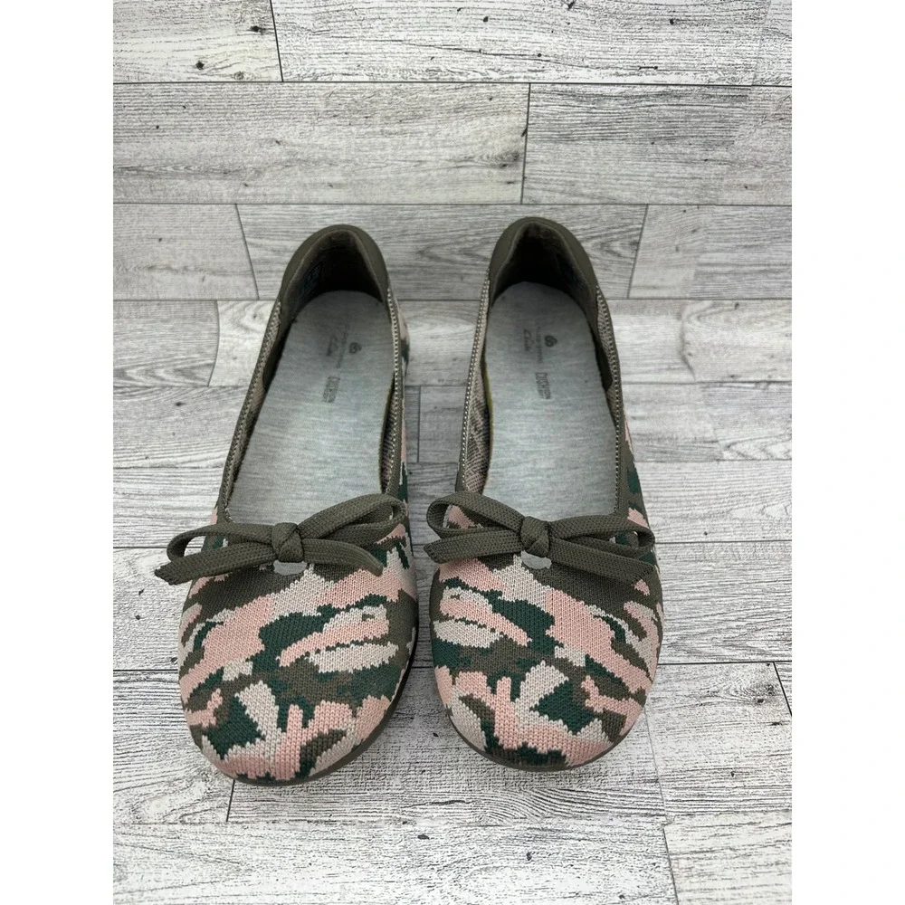 Clarks Women Camo Ballet Flats Pink Green‎ Brown Bow Slip On Shoes Size 8M